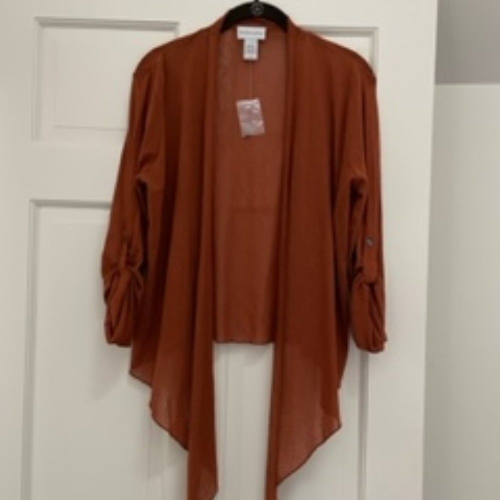 Soft Surroundings Open Front Sheer Rust Cardigan Shark Bite Hem Size M